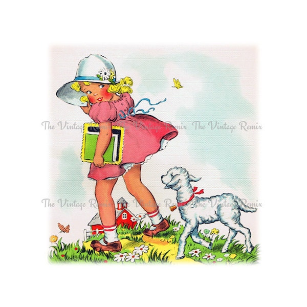 INSTANT DOWNLOAD, Digital Vintage Illustration, Mary Had a Little Lamb, png and jpeg Printable Files, Clip Art