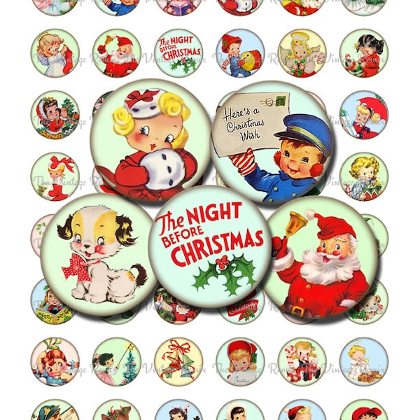 INSTANT DOWNLOAD Christmas Bottle Cap Images, Printable Digital Collage Sheet, 1 inch circles, Retro Vintage Holiday Kids for Bottlecaps