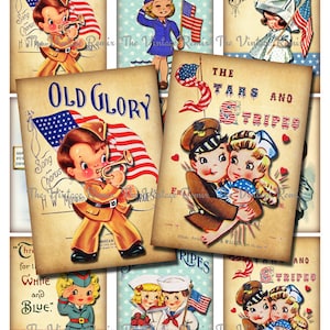 4th of July Patriotic Kids, Instant Download, Printable Digital Collage Sheet, Retro Vintage Independance Day, atc aceo