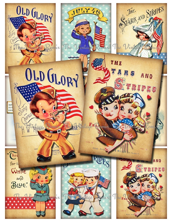 4th of July Patriotic Kids, Instant Download, Printable Digital Collage Sheet, Retro Vintage Independance Day, atc aceo