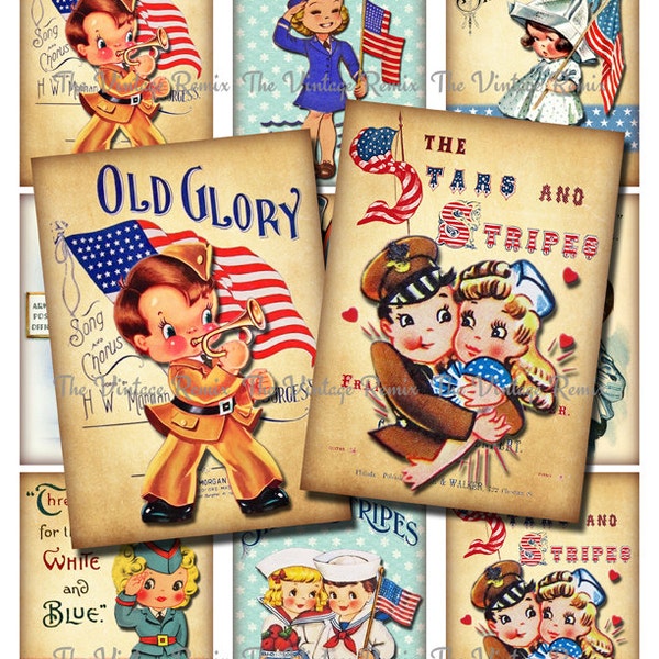 4th of July Patriotic Kids, Instant Download, Printable Digital Collage Sheet, Retro Vintage Independance Day, atc aceo