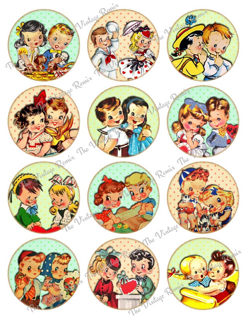 Puede incluir: Conjunto de 12 pegatinas redondas de estilo vintage con ilustraciones de ni&ntilde;os en varias escenas. Las pegatinas tienen un fondo de lunares verde claro y blanco con un borde marr&oacute;n. Los ni&ntilde;os se representan en varias poses, incluyendo tomarse de la mano, jugar con juguetes y compartir regalos.