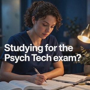 Op de afbeelding: Een persoon met krullend bruin haar in een donkerblauw uniform schrijft met een pen in een notitieboek. Meerdere open studieboeken en papieren liggen verspreid over het bureau. De tekst "Studying for the Psych Tech exam?" staat op de afbeelding.