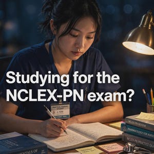 May include: A student in a navy blue scrub top with a Practical Nursing Student ID badge, writing in a notebook. Text reads: Studying for the NCLEX-PN exam? Books include Fundamentals of Nursing, Pharmacology for Nurses, and NCLEX-PN Practice Q&A.