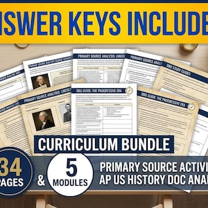 Op de afbeelding: Een lespakket van 34 pagina's en 5 modules voor de analyse van Amerikaanse geschiedenisdocumenten. De set bevat activiteiten met primaire bronnen en DBQ-studiegidsen inclusief antwoordsleutels. De documenten bevatten historische portretten.