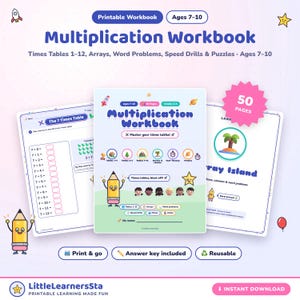 May include: A printable multiplication workbook for ages 7-10 with 50 pages. The cover features a cartoon pencil, a star, and a rocket. It includes times tables 1-12, arrays, word problems, speed drills, and puzzles. The workbook includes an answer key.