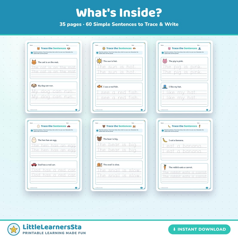 Simple Text Simple Sentence. Example Sentence Tracing Workbook, 60 Simple Sentences, Kindergarten ...