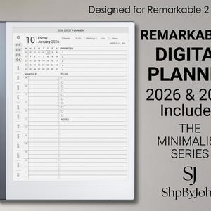 Könnte beinhalten: Ein digitales Tablet mit einer Planer-Oberfläche für 2026 und 2027, inklusive Kalender, Zeitplan und Aufgabenliste. Ein schwarzer Eingabestift liegt links daneben. Der Text rechts lautet: Designed for Remarkable 2, REMARKABLE 2 DIGITAL PLANNER 2026 & 2027 Included, THE MINIMALIST SERIES, SJ, ShpByJoha.