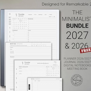 May include: A digital planner bundle for Remarkable 2 featuring a black stylus and multiple screen displays showing calendar, meeting minutes, and notes templates. Text includes Designed for Remarkable 2, THE MINIMALIST BUNDLE 2027 & 2026 FREE, and various planner labels.