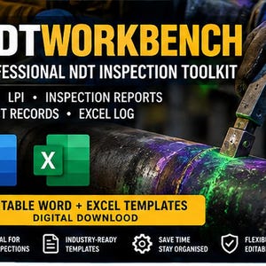 May include: NDTWORKBENCH PROFESSIONAL NDT INSPECTION TOOLKIT featuring MPI, LPI, inspection reports, defect records, and Excel log. Includes editable Word and Excel templates for digital download, with icons for Word and Excel software.