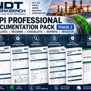 May include: An NDT Workbench MPI Professional Documentation Pack Phase 2 featuring templates, records, checklists, reports, and a register. Includes six Word templates and one Excel register for oil, gas, energy, marine, and industrial infrastructure.