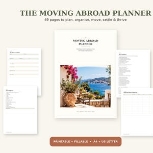 May include: A 49-page printable and fillable moving abroad planner with A4 and US letter options. The cover features a Mediterranean coastal scene with a potted plant and sea view. Includes checklists, tables, and planning pages for organising a move.