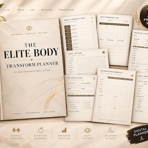 May include: A fitness planner titled The Elite Body Transform Planner with a beige cover featuring gold line accents. The set includes multiple printed pages for workout logs, habit tracking, meal planning, and progress measurements in a neutral palette.