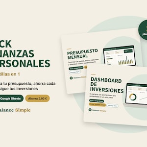 Puede incluir: Un pack digital de finanzas personales con dos plantillas: presupuesto mensual y dashboard de inversiones. El diseño utiliza texto verde oscuro sobre fondo crema, mostrando gráficos y el logo de Balance Simple. Compatible con Excel y Google Sheets.