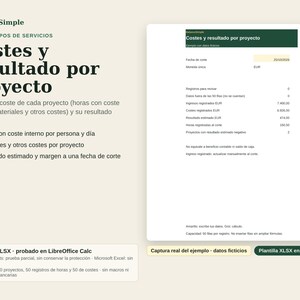 Costs per project | Hours, materials, and estimated result | XLSX template for services in Spanish