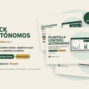 Puede incluir: Un paquete de productos digitales titulado Pack Autónomos que incluye tres plantillas para la gestión financiera de autónomos. Los gráficos muestran texto en español, incluyendo Plantilla Control Autónomo, e interfaces de hojas de cálculo con gráficos y tablas de datos.