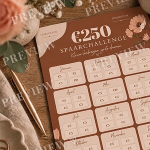 Op de afbeelding: Een bruin spaarchallenge-trackerblad met de tekst €250 SPAARCHALLENGE, Kleine bedragen, grote dromen en de maanden januari tot november. Het ontwerp bevat bloemenillustraties, een startdatum, einddatum en vakjes voor geldbedragen.