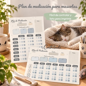 Puede incluir: Dos hojas impresas de plan de medicación para mascotas con el texto Plan de Medicación, que incluyen secciones para nombre, peso, notas y seguimiento de dosis diarias para mañana, tarde y noche, decoradas con estrellas y huellas.