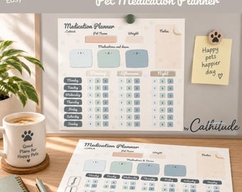 Könnte beinhalten: Ein ausdruckbarer Haustier-Medikationsplaner mit Feldern für Name, Gewicht, Notizen und tägliche Medikamentengabe für morgens, mittags und abends. Das Design zeigt sanfte Blau- und Beigetöne mit Pfotenabdrücken und dem Schriftzug Cathitude.