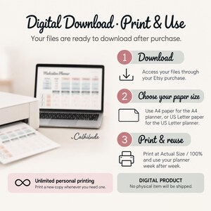 K&ouml;nnte beinhalten: Eine Grafik mit Anweisungen zum digitalen Download, die einen Laptop und einen Drucker zeigt. Der Text umfasst: Digital Download Print & Use, 1 Download, 2 Choose your paper size, 3 Print & reuse, Unlimited personal printing, DIGITAL PRODUCT.
