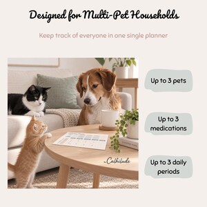 K&ouml;nnte beinhalten: Ein Haustier-Planer-Dokument mit dem Text Designed for Multi-Pet Households, Keep track of everyone in one single planner, Up to 3 pets, Up to 3 medications, Up to 3 daily periods und by Calhilude. Der Planer liegt auf einem Holztisch.