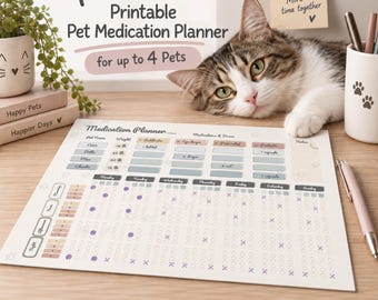 Könnte beinhalten: Ein ausdruckbarer Medikamentenplaner für Haustiere mit Spalten für Namen, Gewicht, Medikamente und einem wöchentlichen Raster. Das Dokument enthält den Text Practical Printable Pet Medication Planner for up to 4 Pets.