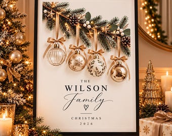 Personalised Christmas Family Print | Champagne Baubles, Greenery (A4 Digital Download)