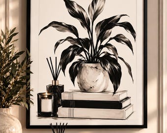 Black & White Plant and Books Print, Minimalist Botanical A4 Digital Download Wall Art