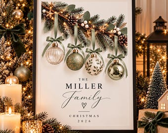 Personalised Christmas Family Print | Sage Green Baubles, Gold Details (A4 Digital Download)