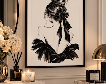 Black White Woman Silhouette Print, A4 Digital Wall Art, Minimalist Fashion Illustration