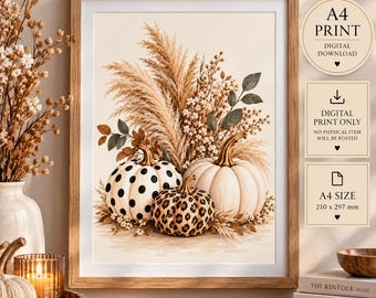 Boho Pumpkin Wall Art Print, A4 Digital Download, Autumn Halloween Decor