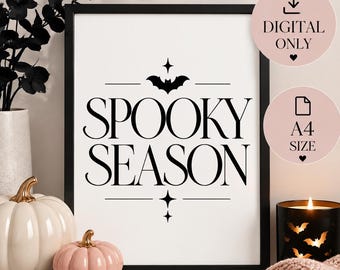 Spooky Season Printable Wall Art, Minimalist Halloween Print, Black and White A4 Digital Download