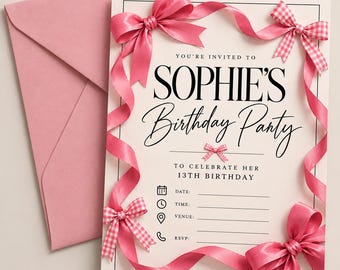 Personalised Pink Bow Birthday Invitation | Modern Party Invite (Digital Download)