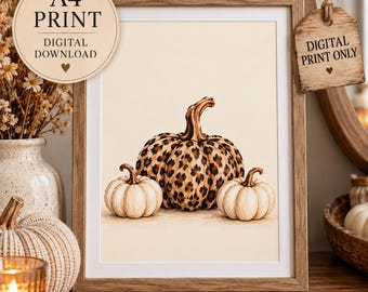 Leopard Print Pumpkin Halloween Wall Art | Boho Halloween Decor | Neutral Autumn Printable | Digital Download