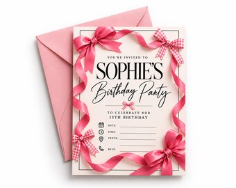 Personalised Pink Bow Birthday Invitation | Modern Party Invite (Digital Download)