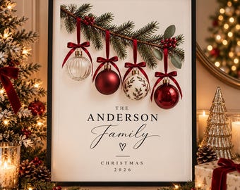 Personalised Christmas Family Print | Bauble Decor, Evergreen Details (A4 Digital Download)