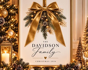 Personalised Christmas Family Print | Gold Bow, Evergreen Branches (A4 Digital Download)