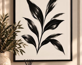 Minimalist Black White Botanical Print, A4 Digital Wall Art, Modern Leaf Illustration