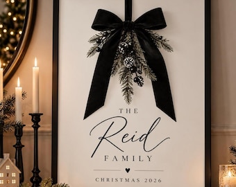 Personalised Christmas Family Print | Black Velvet Bow, Greenery (Digital Download)