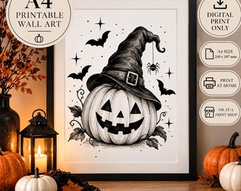 Black White Halloween Pumpkin Witch Hat Print (A4 Digital Download)