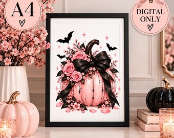 Pink Halloween Pumpkin Wall Art, Gothic Printable Art, Black Bow A4 Digital Download