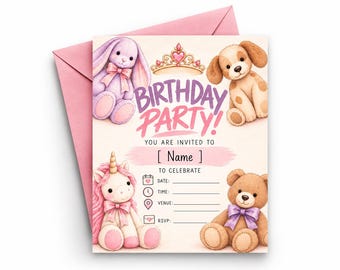 Personalised Girls Birthday Invitation | Plush Toy Theme, Pink & Lilac (Digital Download)