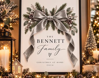 Personalised Christmas Family Print | Silver Bow, Frosted Greenery (A4 Digital Download)