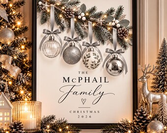 Personalised Christmas Family Print | Silver Baubles, Greenery (A4 Digital Download)