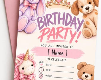 Personalised Girls Birthday Invitation | Plush Toy Theme, Pink & Lilac (Digital Download)
