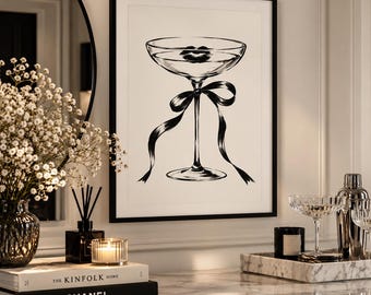 Minimalist Black White Cocktail Print, A4 Digital Wall Art, Fashion Illustration, Modern Decor
