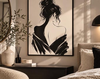 Minimalist Black White Woman Silhouette Print, A4 Digital Wall Art, Fashion Line Art