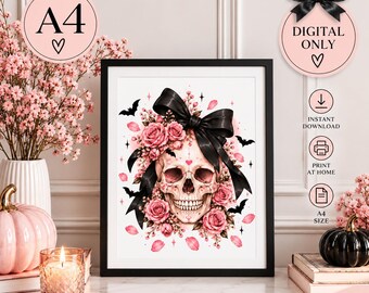 Feminine Gothic Skull Print, Pink Roses, Black Bow, Bats (A4 Digital Download)