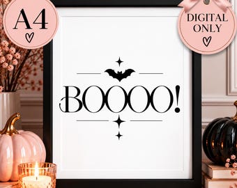Minimalist Halloween BOOOO! Print, Bat, Sparkle Details (A4 Digital Download)