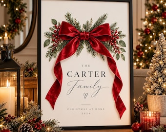 Personalised Christmas Family Print | Red Velvet Bow, Greenery (A4 Digital Download)